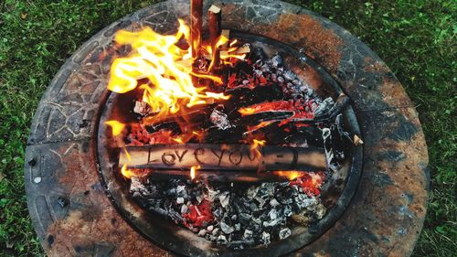 Close-up of bonfire on barbecue