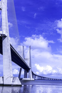 Vasco da gama bridge over tagus river against sky