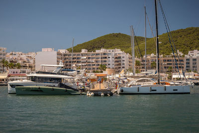 Boats in sea against clear sky