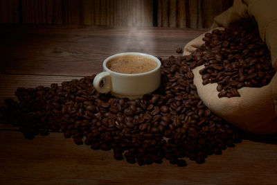 High angle view of coffee beans on table