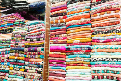 Full frame shot of colorful fabrics for sale in market