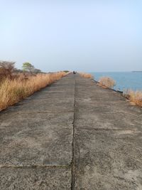 Footpath by sea against clear sky