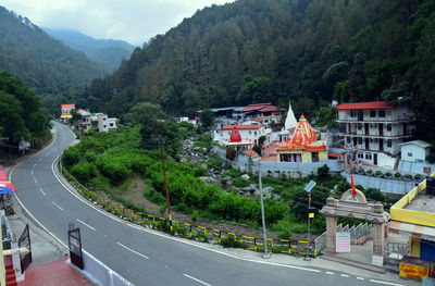 High angle view of buildings by road