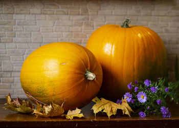 Close-up of pumpkins on table