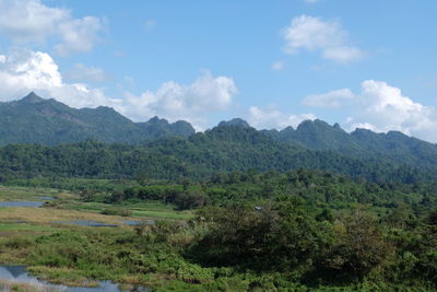 Scenic view of mountains against cloudy sky