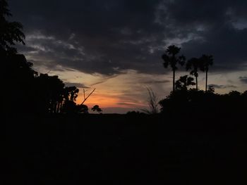 Silhouette trees on landscape against sky during sunset