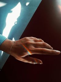 High angle view of hand holding leaf