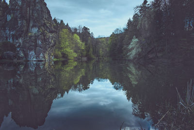 Reflection of trees in lake against sky