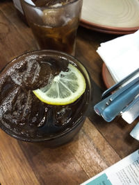 High angle view of drink on table