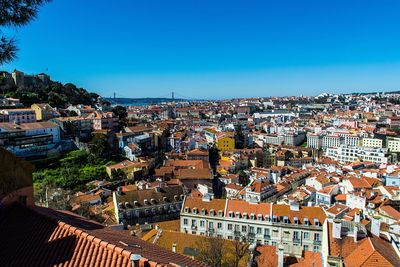 High angle view of townscape against blue sky