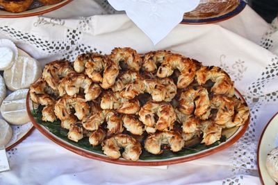 High angle view of meat in plate on table