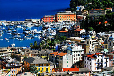 High angle view of cinque terre by boats moored on sea