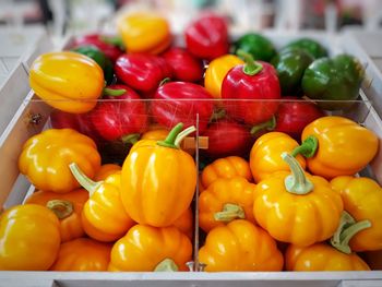 High angle view of bell peppers for sale at market stall