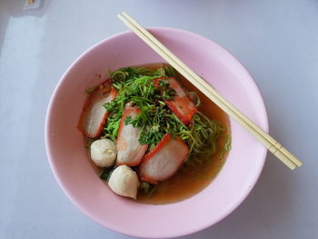 High angle close-up of soup in bowl on table