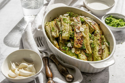 High angle view of vegetables in bowl on table