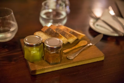 High angle view of drink in glass on table