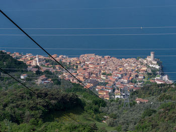 High angle view of townscape against blue sky