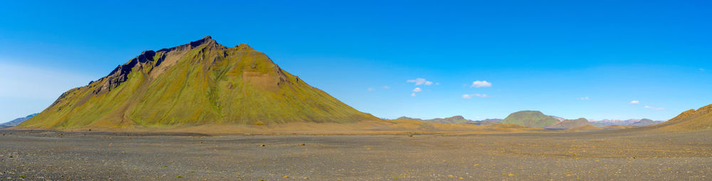 Iceland landscape panorama emstrur surroundings. green mountain and lava soil. travel and tourism