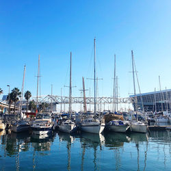 Sailboats moored at harbor against clear blue sky