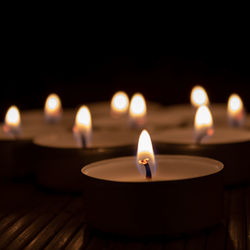 Close-up of lit candles on table