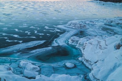 High angle view of frozen water