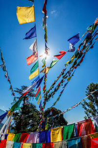 Buddhist prayer flags lungta in mcleod ganj, himachal pradesh, india