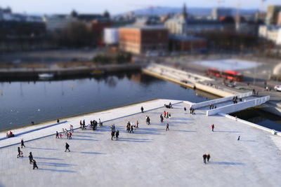 High angle view of people at harbor