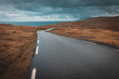 Empty road amidst landscape against cloudy sky