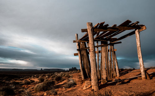 Traditional windmill on landscape against sky