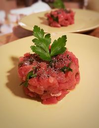 Close-up of strawberry served in plate on table