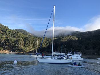 Sailboats in sea against sky