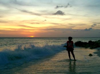 Rear view of man standing on beach during sunset