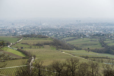 Aerial view of agricultural field against sky