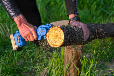 Low section of man working on field