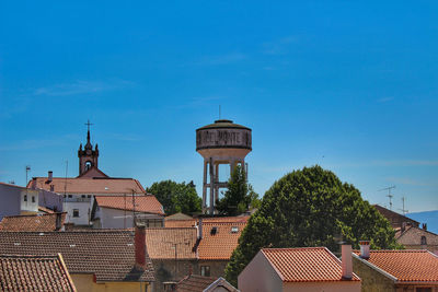 Houses in town against blue sky