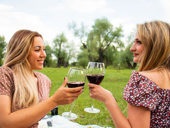 Young women holding glasses with red wine on a picnic in nature and smiling , summer picnic, 