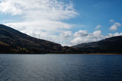 Scenic view of lake by mountains against sky