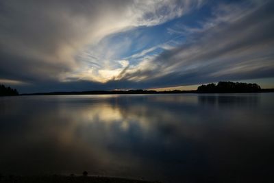 Scenic view of lake against sky at sunset