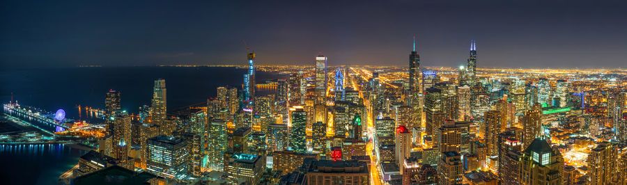 Panorama top view of chicago cityscape and skyscraper at the night time, usa downtown skyline, 