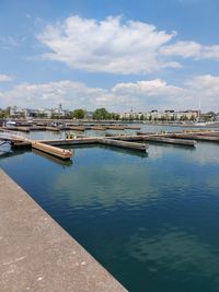 Scenic view of swimming pool by river against sky