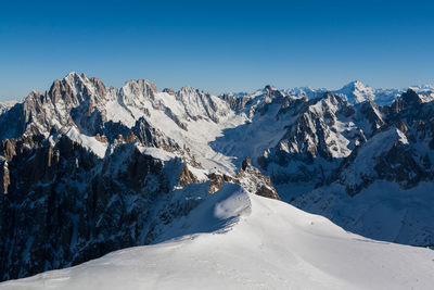 Scenic view of snow covered mountains against clear blue sky