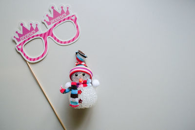 Close-up of christmas decorations against white background