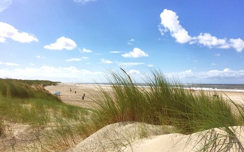 Scenic view of beach against cloudy sky