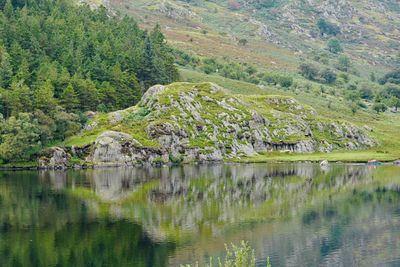 Scenic view of lake by mountain against sky