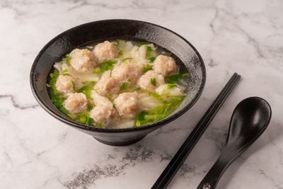 High angle view of soup in bowl on table