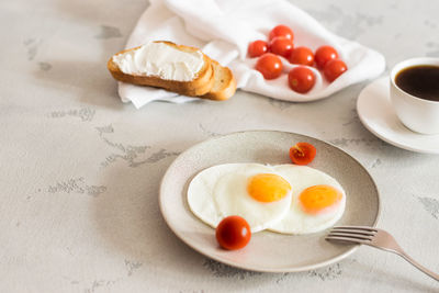 High angle view of breakfast served on table