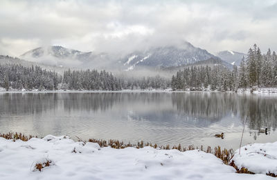 Scenic view of lake by snowcapped mountains against sky