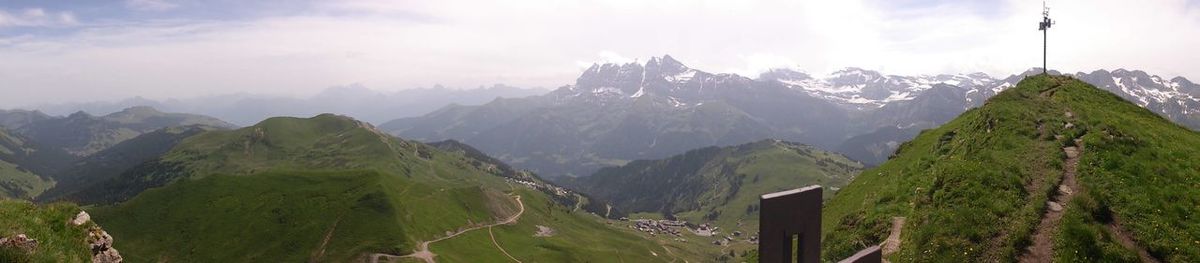 Scenic view of mountains against cloudy sky