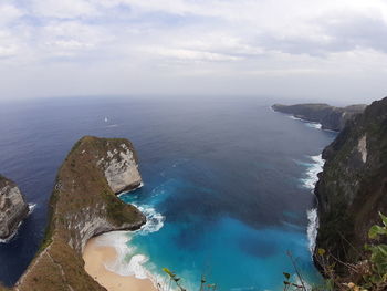 High angle view of bay against sky