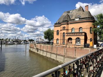 Bridge over canal against buildings in city